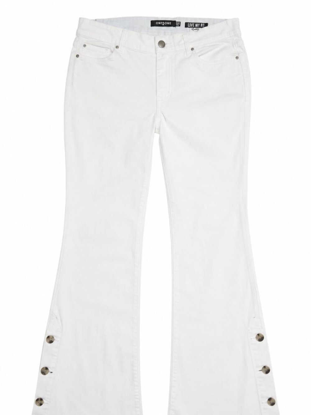 Women's White Flare Jeans Size 16/33 Goddess Fit Button Hem Stretch ONE5ONE